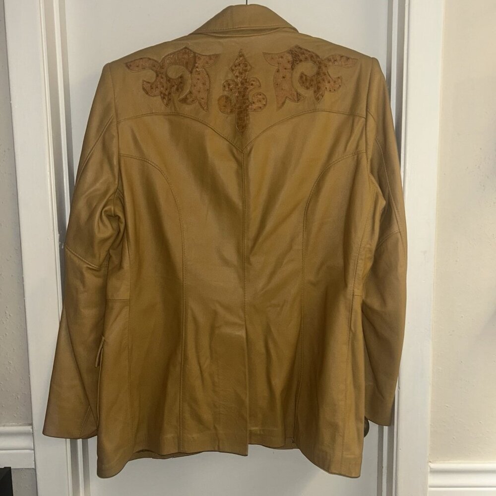Vintage The Leather Factory Pharr Texas Embroidered Tan Leather Jacket Size 44 - Picture 5 of 12